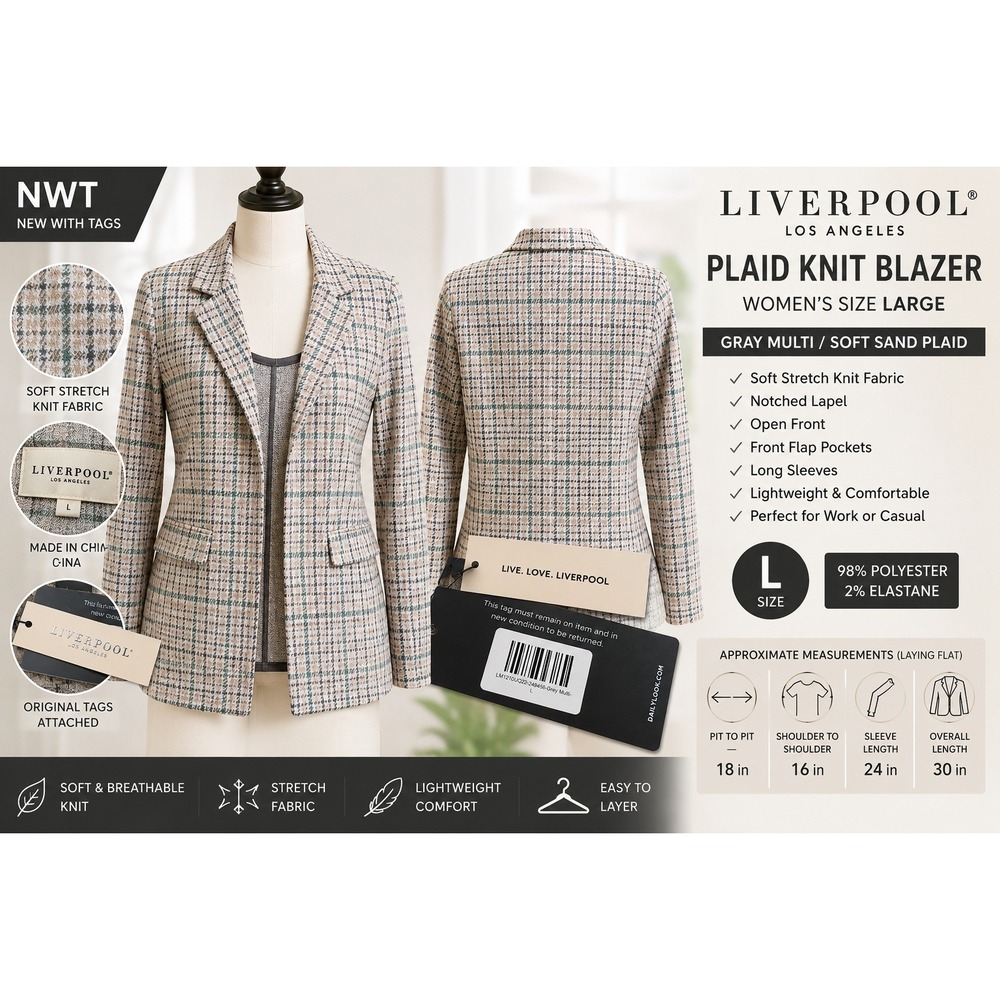 Liverpool Los Angeles Grey Multi Plaid Blazer Jacket NWT LM1210UQ22 L